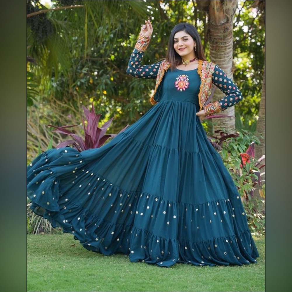 Deep Sea Blue Color Party Wear Gown View 3